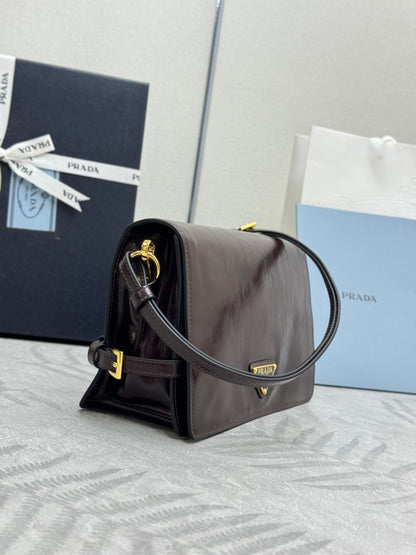 PRADA 25S SHOULDER BAG 23 IN DARK BROWN CALFSKIN GOLD HARDWARE