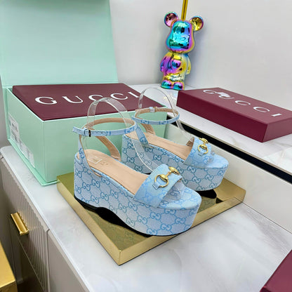 GG WEDGE HEELS IN BLUE FABRIC AND CALFSKIN WITH GOLD HARDWARE STYLE 4