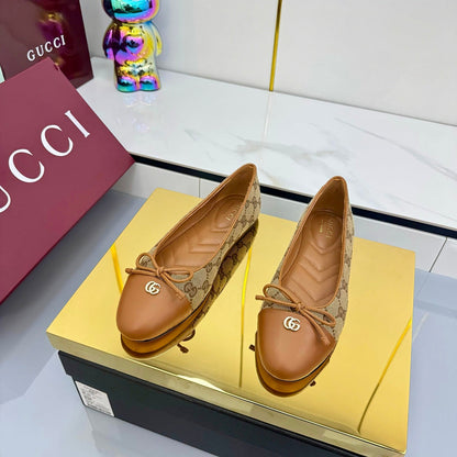 GG BALLET FLATS 25S IN BROWN LAMBSKIN MIX BEIGE CANVAS WITH BOW