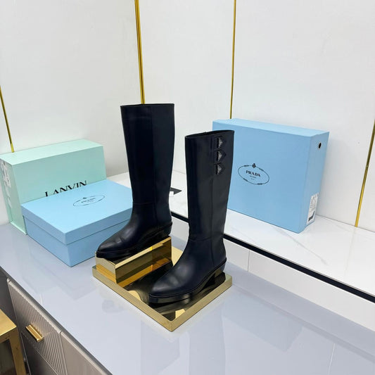 PRADA 25S CHUNKY SOLE TALL BOOTS MARTIN 50MM IN BLACK CALFSKIN