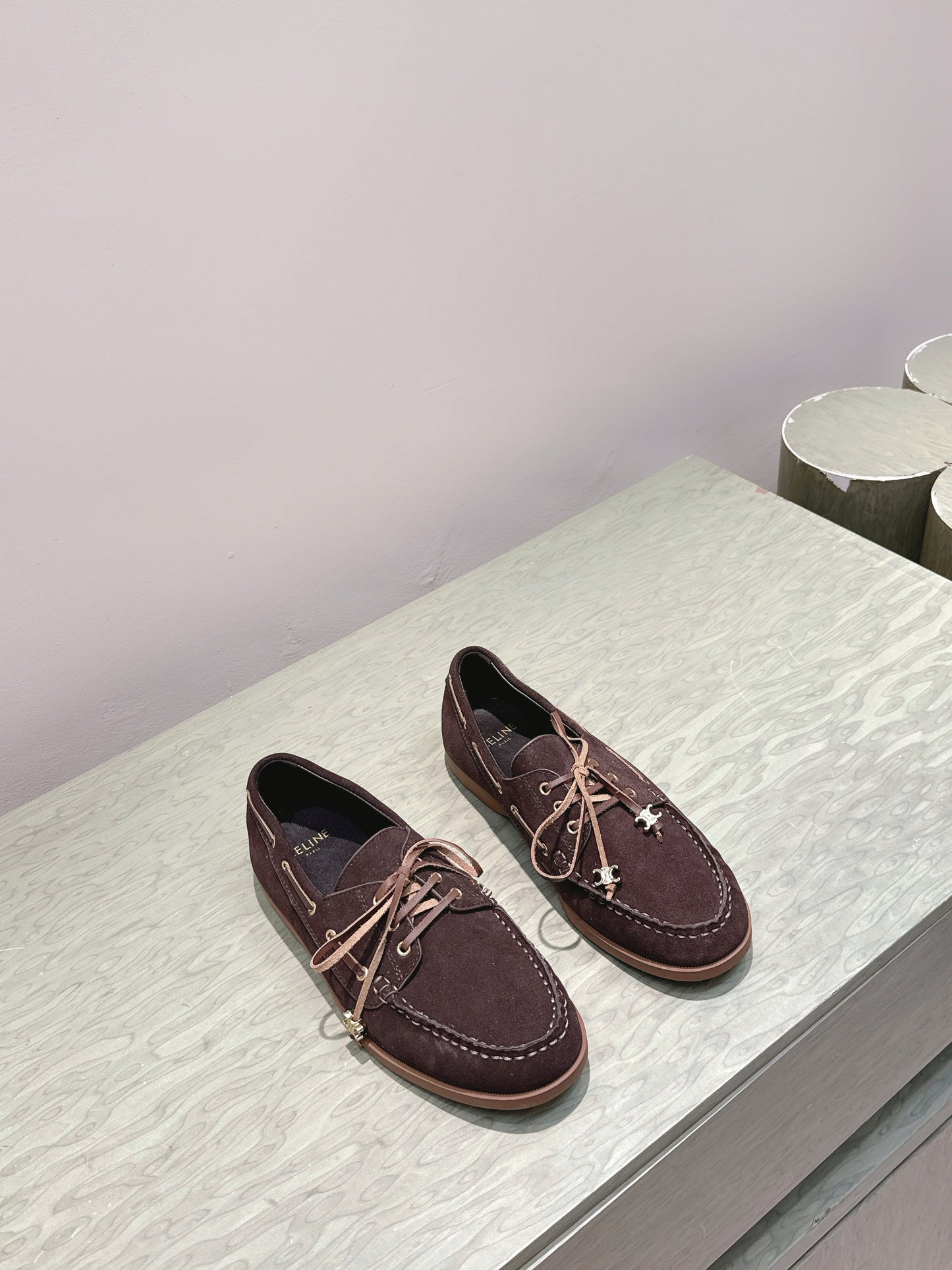 CELINE 26S LACE-UP LOAFERS IN DARK BROWN SUEDE
