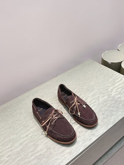 CELINE 26S LACE-UP LOAFERS IN DARK BROWN SUEDE