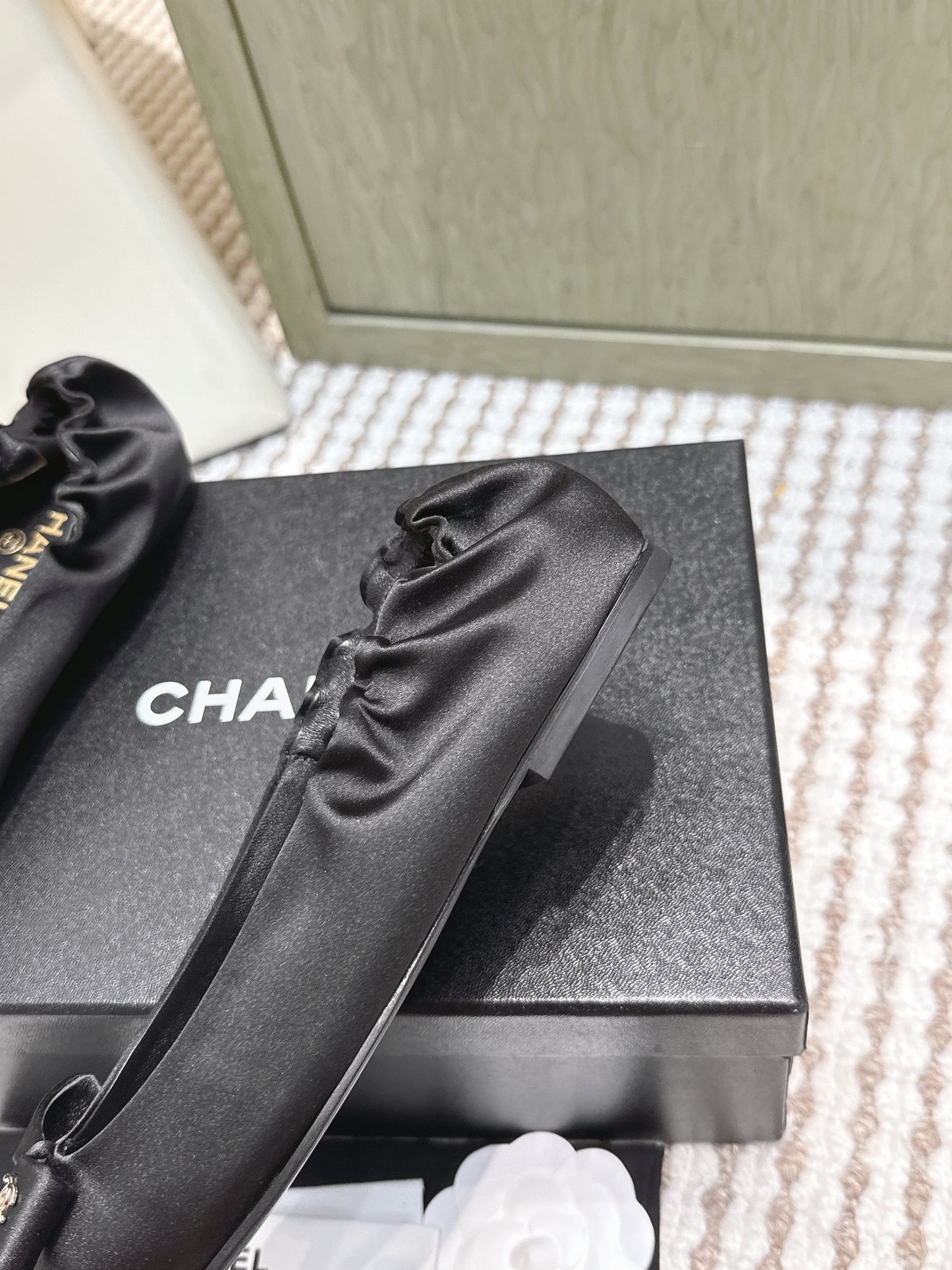 CHANEL 25S MARY JANE BALLET FLATS IN BLACK SILK SATIN