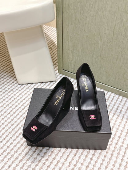 CHANEL 25S SLINGBACK SHOES 90MM IN BLACK SUEDE SQUARE TOE PINK HARDWARE