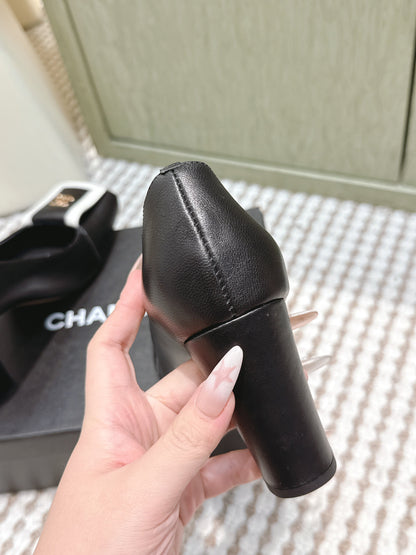 CHANEL 25S SLINGBACK SHOES 90MM IN BLACK CALFSKIN SQUARE TOE GOLD HARDWARE
