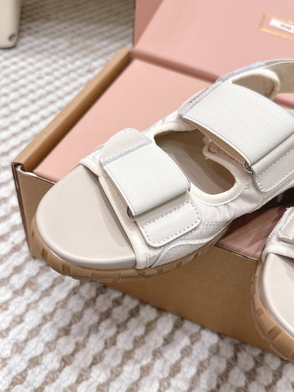MIUMIU 26S VELCRO SANDALS IN CREAM WHITE CALFSKIN AND NYLON SILVER HARDWARE