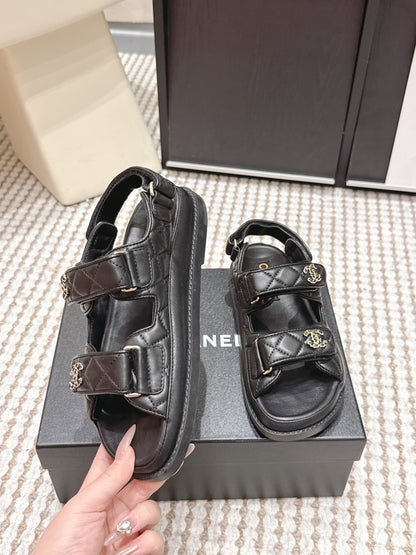 CHANEL 26S QUILTED DAD SANDALS IN BLACK CALFSKIN