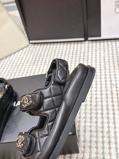 CHANEL 26S QUILTED DAD SANDALS IN BLACK CALFSKIN
