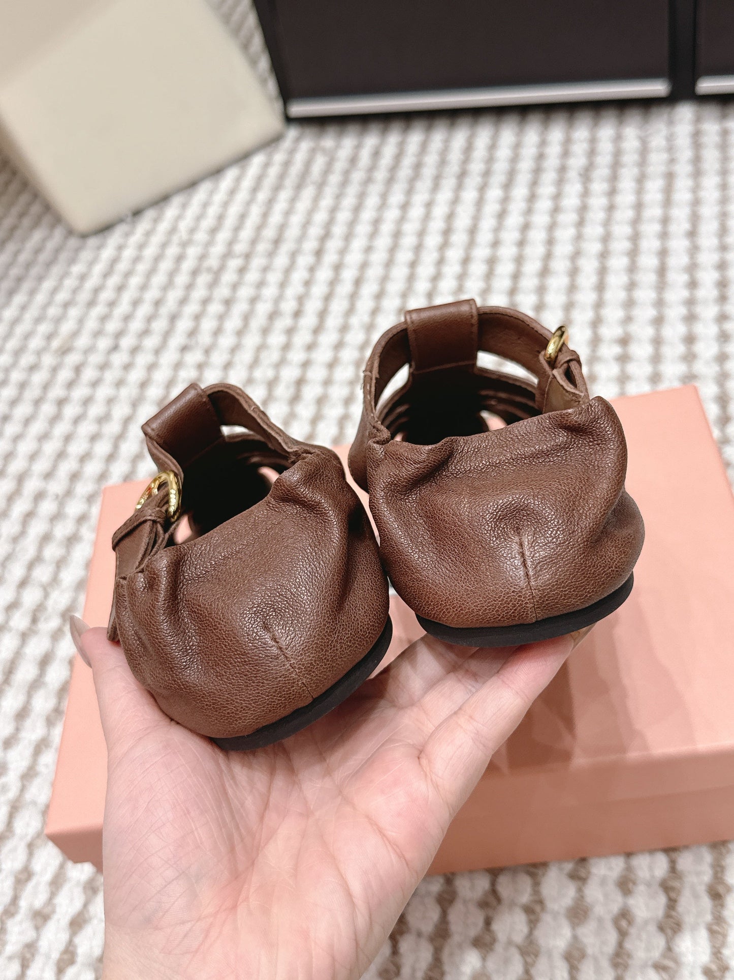 MIUMIU 26S RUCHES FISHERMAN SANDALS IN DARK BROWN CALFSKIN GOLD HARDWARE