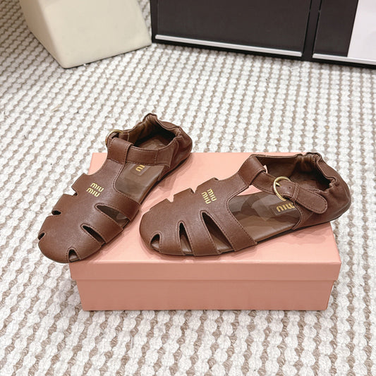 MIUMIU 26S RUCHES FISHERMAN SANDALS IN DARK BROWN CALFSKIN GOLD HARDWARE