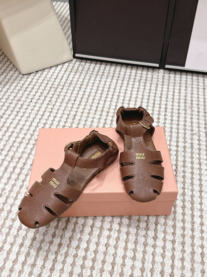 MIUMIU 26S RUCHES FISHERMAN SANDALS IN DARK BROWN CALFSKIN GOLD HARDWARE