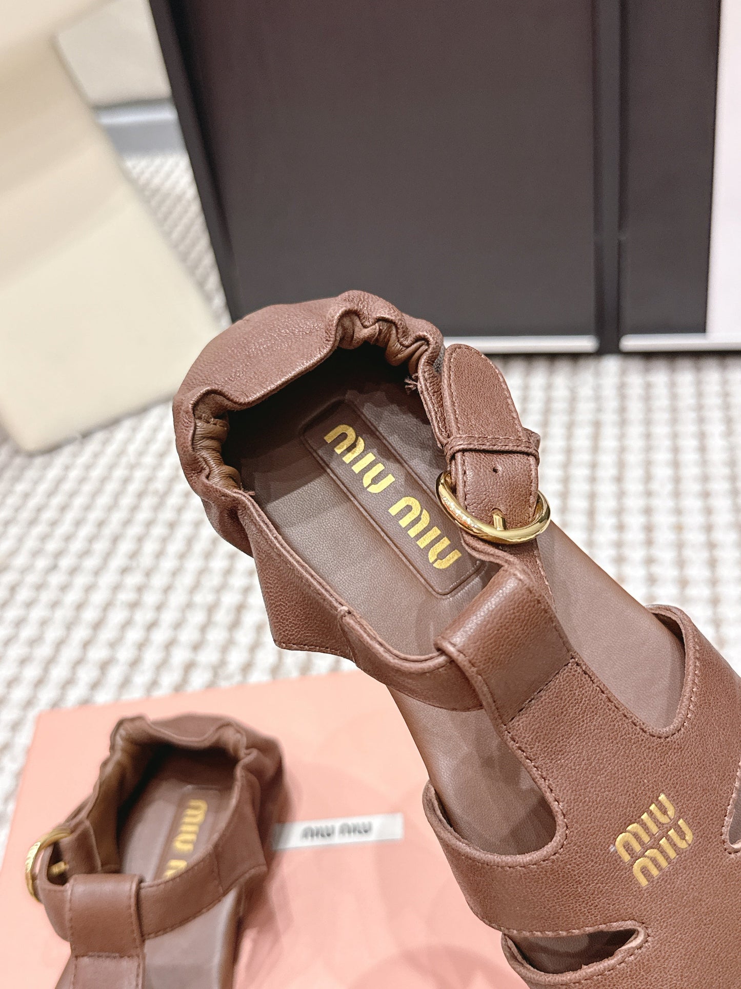 MIUMIU 26S RUCHES FISHERMAN SANDALS IN DARK BROWN CALFSKIN GOLD HARDWARE