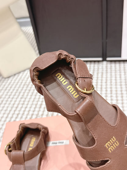 MIUMIU 26S RUCHES FISHERMAN SANDALS IN DARK BROWN CALFSKIN GOLD HARDWARE