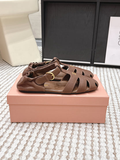 MIUMIU 26S RUCHES FISHERMAN SANDALS IN DARK BROWN CALFSKIN GOLD HARDWARE