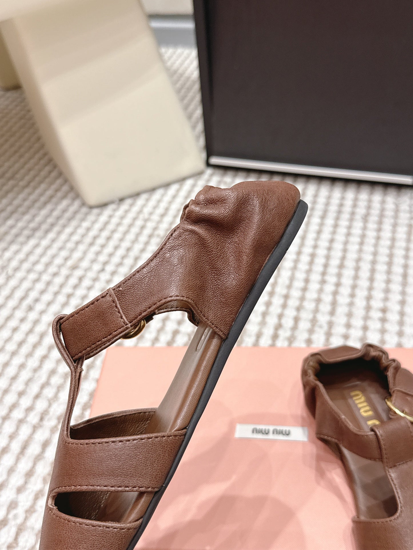 MIUMIU 26S RUCHES FISHERMAN SANDALS IN DARK BROWN CALFSKIN GOLD HARDWARE