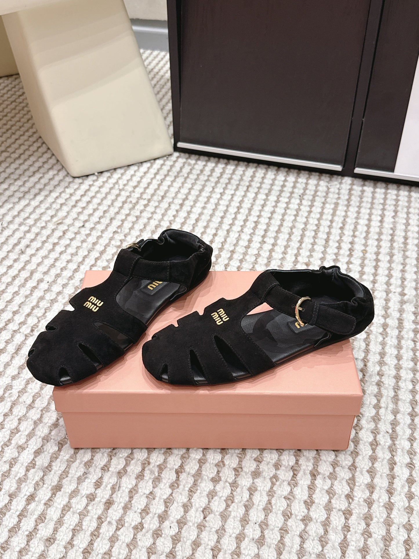 MIUMIU 26S RUCHES FISHERMAN SANDALS IN BLACK SUEDE GOLD HARDWARE