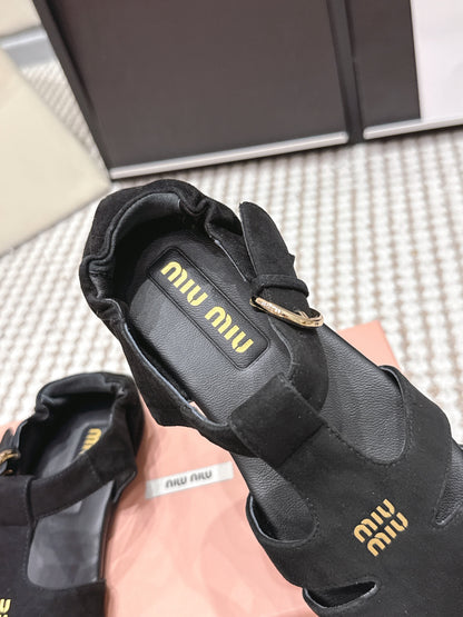MIUMIU 26S RUCHES FISHERMAN SANDALS IN BLACK SUEDE GOLD HARDWARE