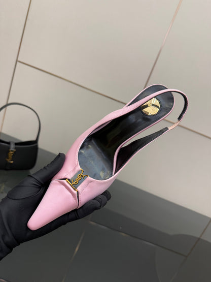 YSL 25S SLINGBACK HIGH HEELS 90 MM IN PINK SATIN WITH GOLD HARDWARE STYLE 17