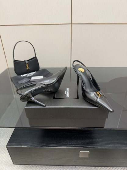 YSL 25S SLINGBACK HIGH HEELS 90 MM IN BLACK LAMBSKIN WITH GOLD HARDWARE STYLE 8