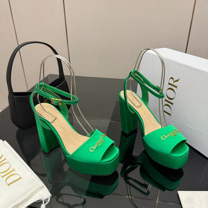 DIOR 26S HIGH HEEL SANDALS 120 MM IN GREEN SATIN