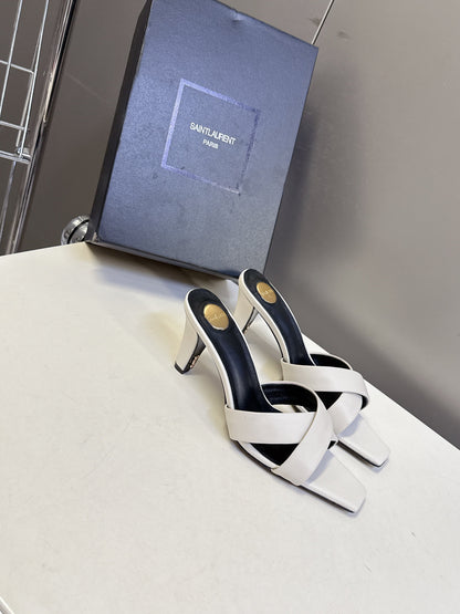 YSL 25S JILL MULES 75MM IN WHITE SMOOTH CALFSKIN