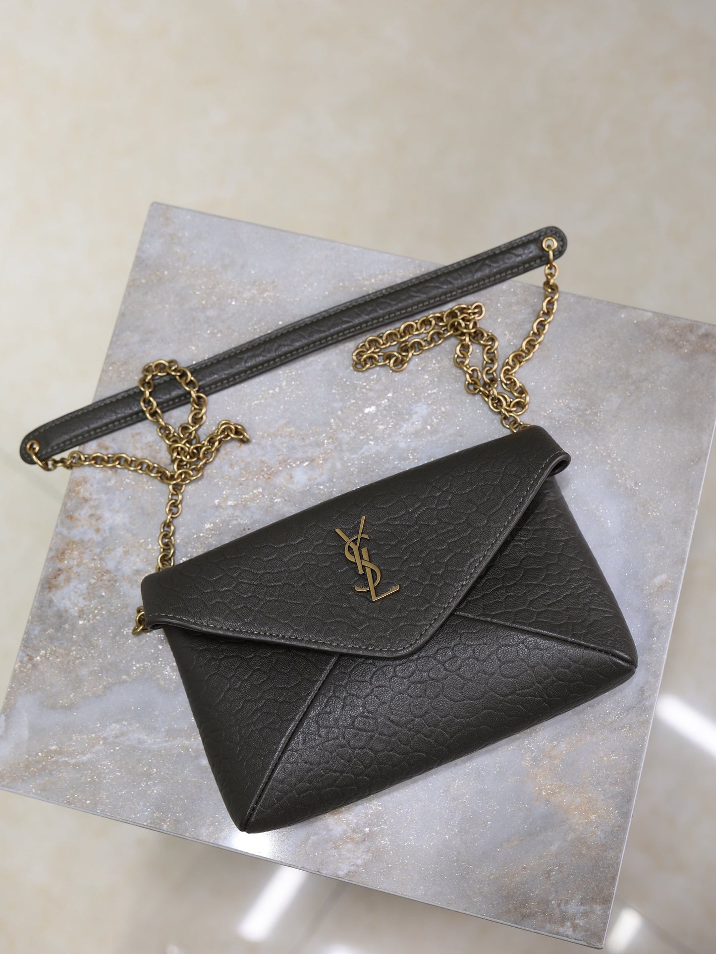 YSL 25S CALYPSO MINI 19 IN CHARCOAL GRAY LAMBSKIN GOLD HARDWARE