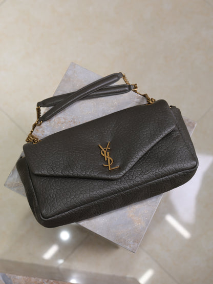 YSL 25S CALYPSO 30 IN DARK OLIVE GRAINED CALFSKIN GOLD HARDWRE