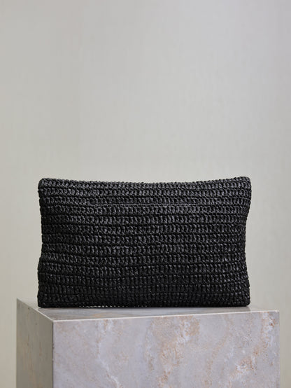 YSL 25S CASSANDRE LARGE ENVELOPE POUCH 29 IN BLACK RAFFIA GOLD HARDWARE