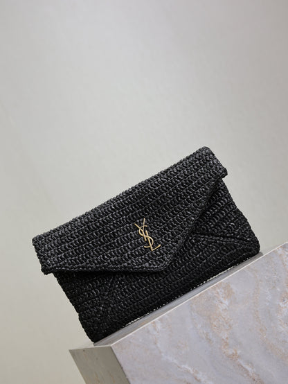 YSL 25S CASSANDRE LARGE ENVELOPE POUCH 29 IN BLACK RAFFIA GOLD HARDWARE
