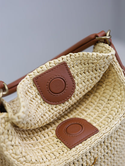 YSL 25S GABY BUCKET BAG 19 IN RAFFIA AND CALFSKIN GOLD HARDWRE