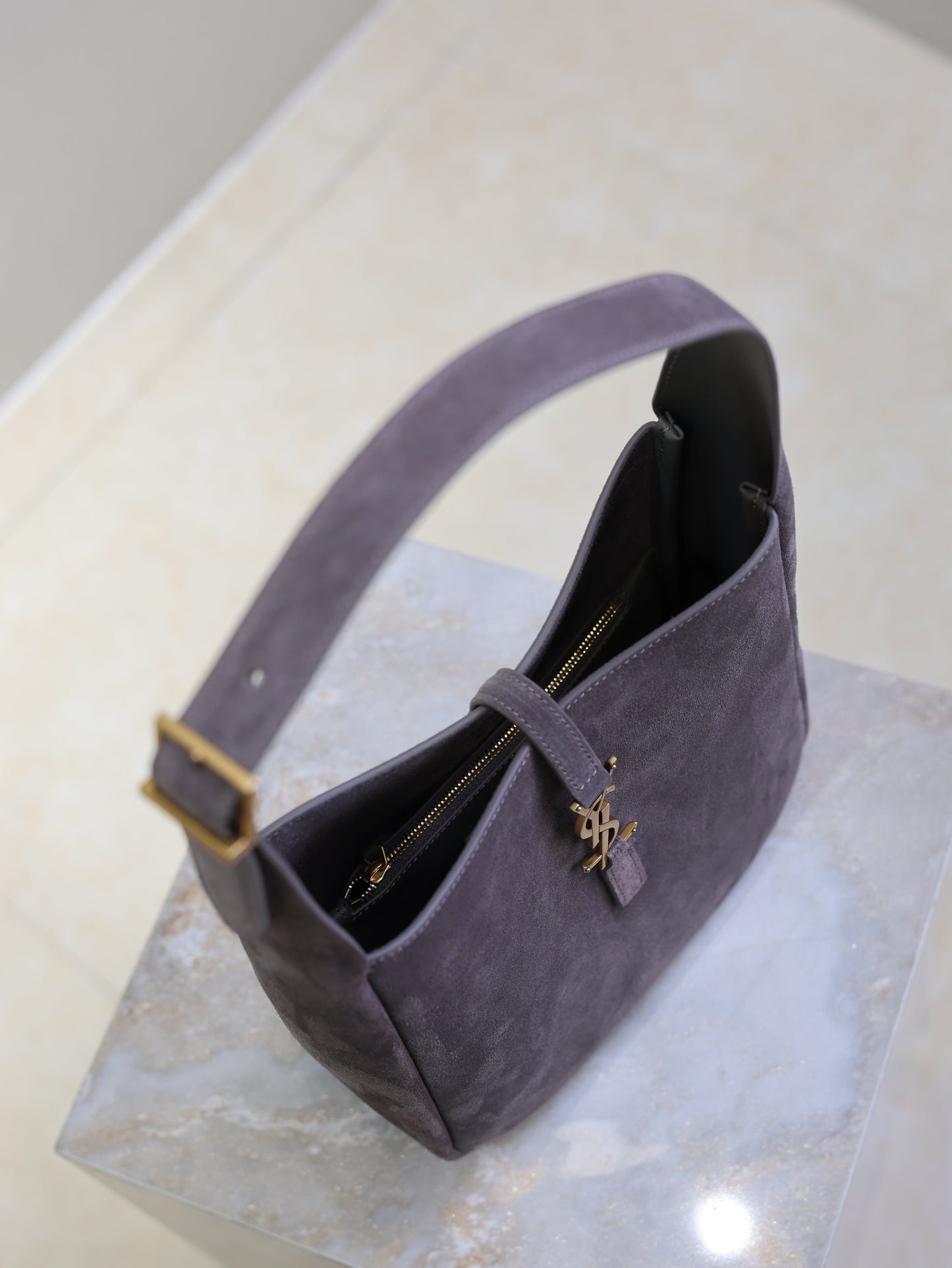 YSL 25S LE 5 À 7 SUPPLE SMALL 23 IN DARK GRAY SUEDE GOLD HARDWRE