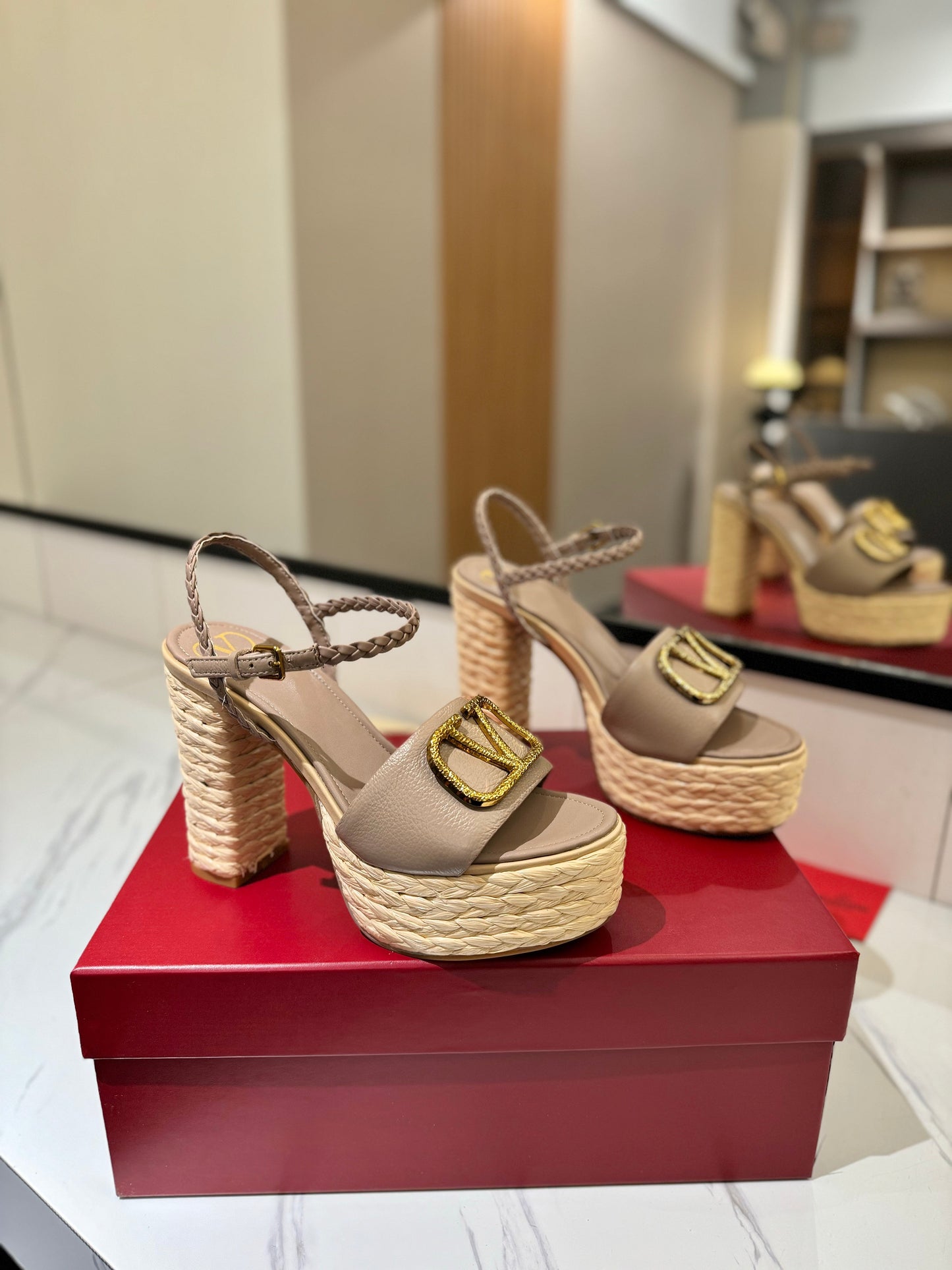 VLTN ESPADRILLE WEDGE SANDALS 25S 115 MM IN BEIGE BROWN LAMBSKIN WITH GOLD HARDWARE