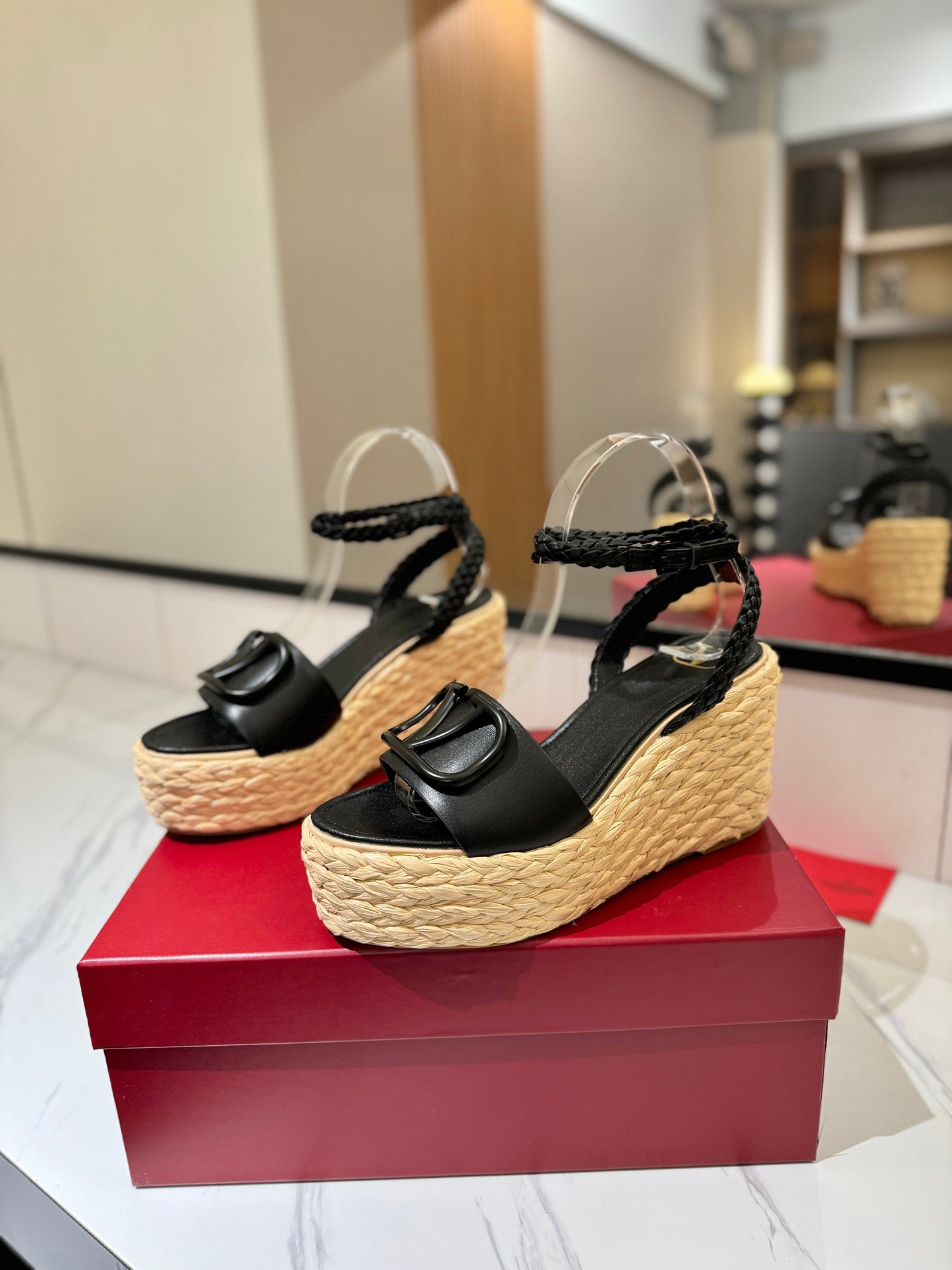 VLTN ESPADRILLE WEDGE SANDALS 25S 90 MM IN BLACK LAMBSKIN STYLE 10
