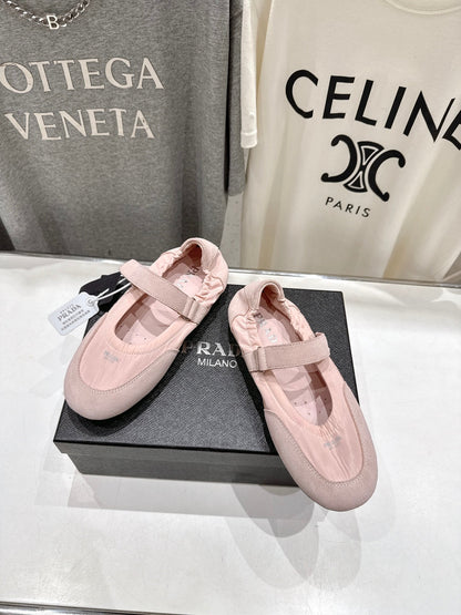 PRADA 25S COLLAPSE RE NYLON AND SUEDE BALLERINAS IN BABY PINK