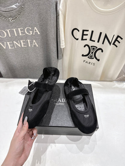 PRADA 25S COLLAPSE RE NYLON AND SUEDE BALLERINAS IN BLACK
