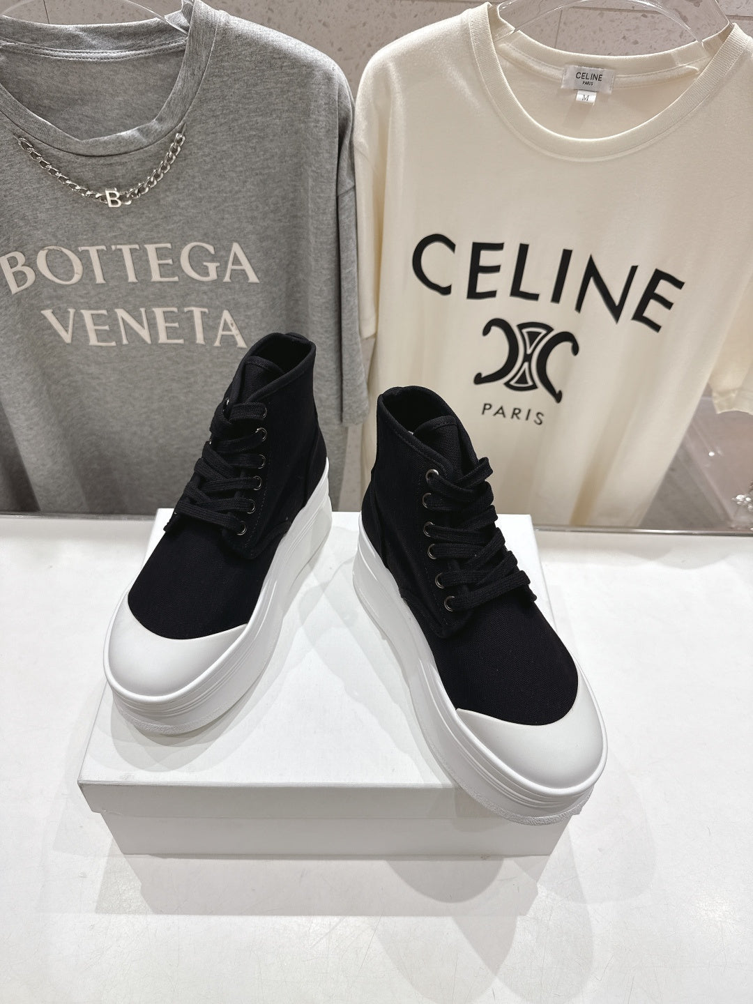 CELINE 26S BOOTS IN WHITE AND BLACK CANVAS