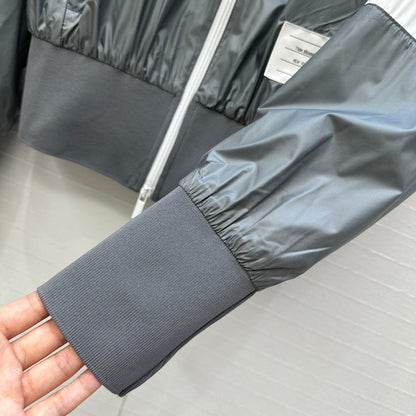 THOM BROWNE STAND COLLAR ZIP-UP JACKET IN GREY