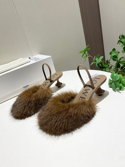 LOEWE 26S OPEN-BACK HIGH HEELS 60MM IN DARK BROWN CALFSKIN WITH FUR