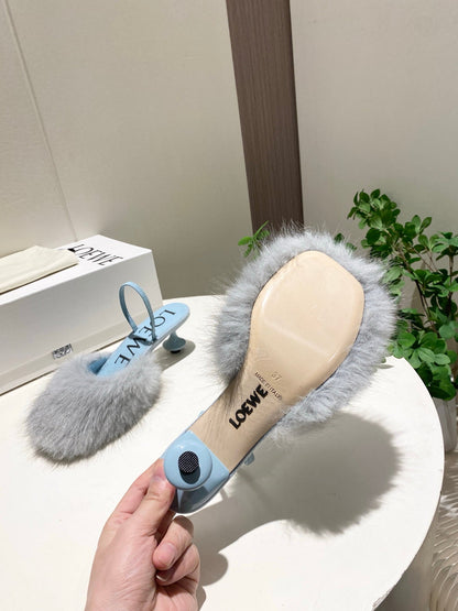 LOEWE 26S OPEN-BACK HIGH HEELS 60MM IN LIGHT BLUE CALFSKIN WITH FUR