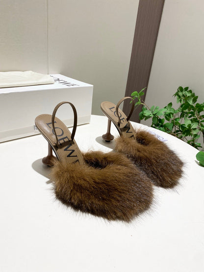 LOEWE 26S OPEN-BACK HIGH HEELS 100MM IN DARK BROWN CALFSKIN WITH FUR