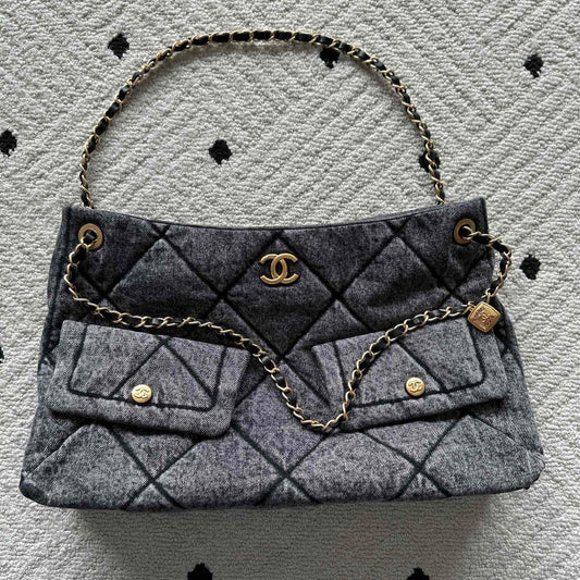 CHANEL 25S HOBO BAG 38 IN DARK GREY DENIM WITH GOLD HARDWARE