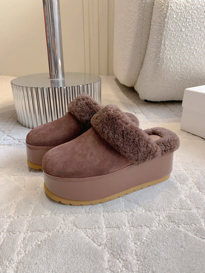 CELINE 25S DANA WEDGE MULE 70MM IN DARK BROWN SUEDE CALFSKIN AND SHEARLING