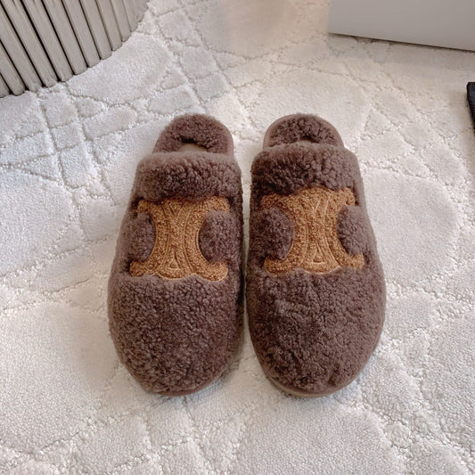 CELINE 26S MULES WITH LOGO IN DARK BROWN WOOL