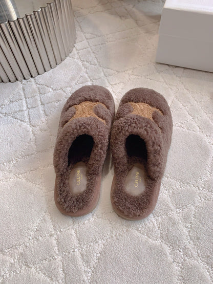 CELINE 26S MULES WITH LOGO IN DARK BROWN WOOL