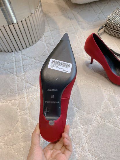 BALENCIAGA 25S POINTED-TOE HIGH HEELS 70 MM IN RED SATIN WITH GOLD HARDWARE