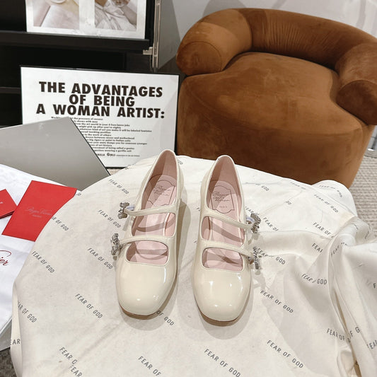MINI TRES VIVIER STRASS BUCKLE BABIES BALLERINAS IN OFF WHITE PATENT CALFSKIN