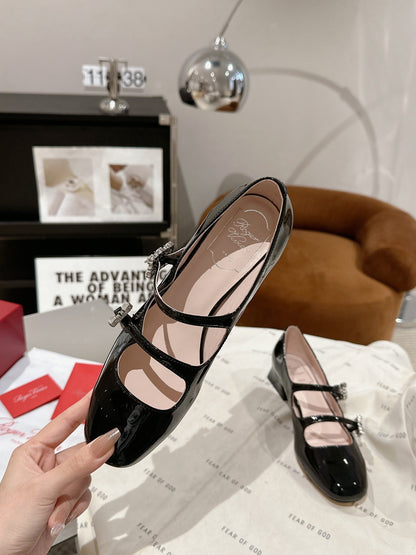 MINI TRES VIVIER STRASS BUCKLE BABIES BALLERINAS IN BLACK PATENT CALFSKIN