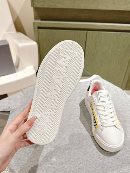 BALMAIN 26S SNEAKERS IN WHITE CALFSKIN AND BEIGE CANVAS