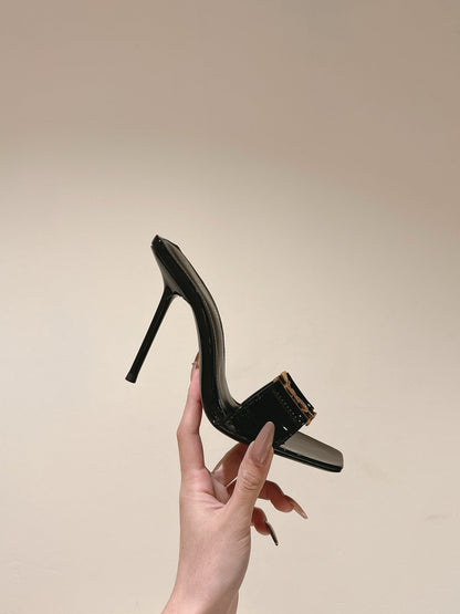 YSL 25S SQUARE-TOE HIGH-HEEL SANDALS 100 MM IN BLACK GLOSSY LAMBSKIN WITH GOLD HARDWARE