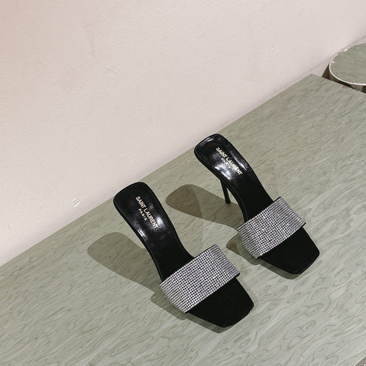 YSL 25S HEELED SANDALS 100 MM IN BLACK LAMBSKIN WITH WHITE RHINESTONE-EMBELLISHED STRAP